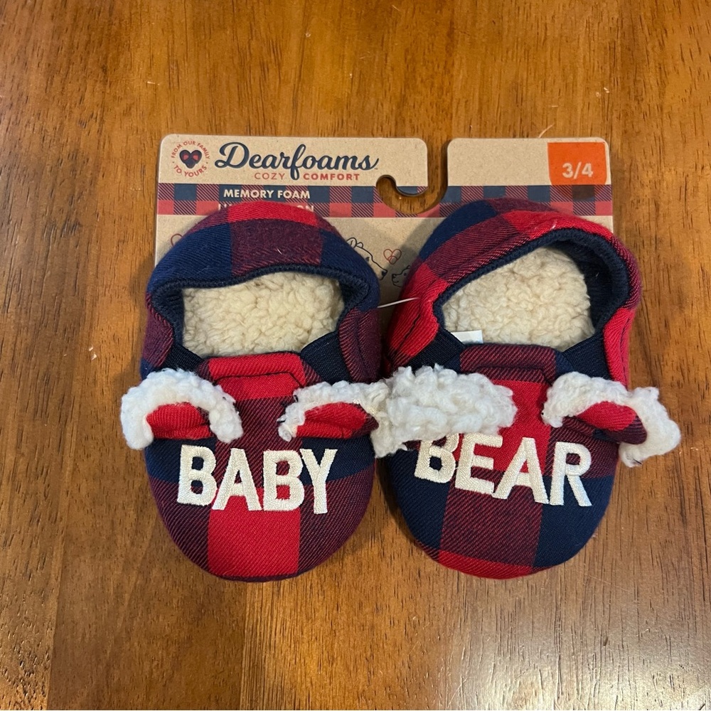 Toddler Dearfoams Cozy Red and Blue Slippers with Sherpa Trim